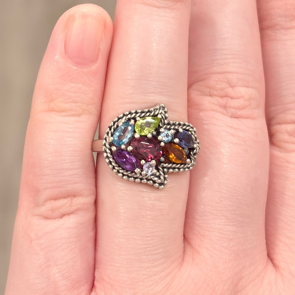 Vintage Silver Hamsa Gemstone Ring, Milgrain Sterling, Rainbow Gem, Size 6.25 - Picture 7 of 17